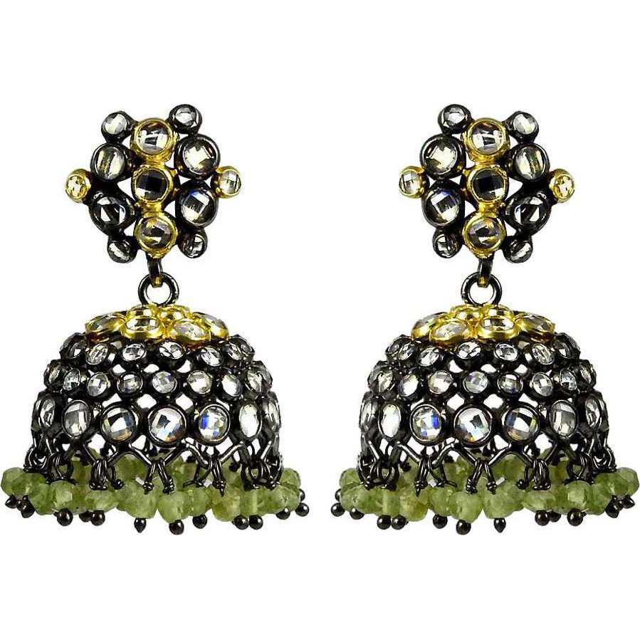 Big Delicate  925 Sterling Silver Prehnite, White CZ Jhumka