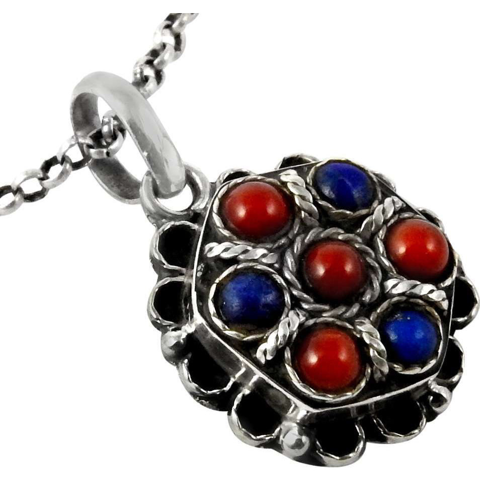 Beautiful!! Coral, Lapis 925 Sterling Silver Pendant