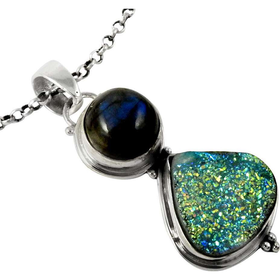 Stunning Natural Rich! Drusy, Labradorite 925 Sterling Silver Pendants