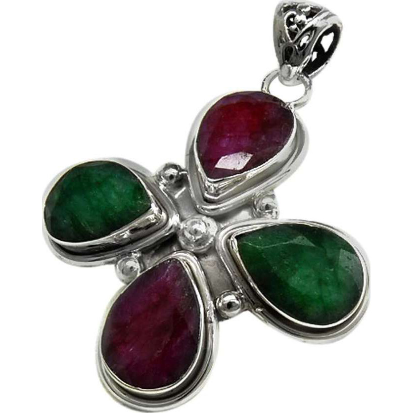 Flower Design 925 Sterling Silver Ruby & Emerald Pendant