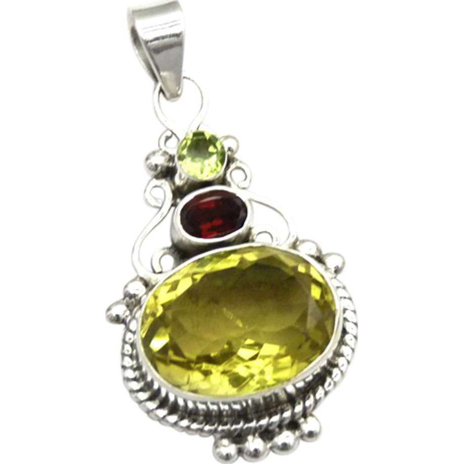 Big Weaving Light! 925 Sterling Silver Lemon Topaz, Garnet, Peridot Pendant