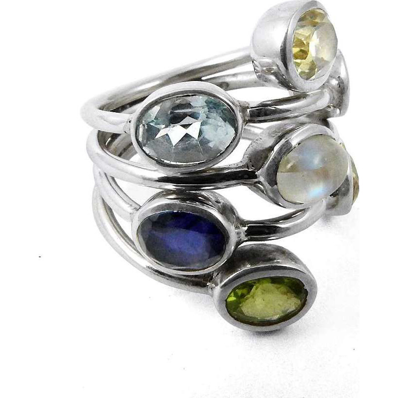Lustrous Rainbow Moonstone, Blue Topaz, Iolite, Peridot, Garnet, Amethyst, Citrine 925 Sterling Silver Ring