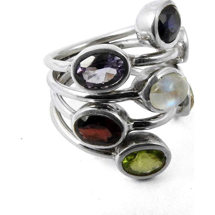 Manamohak!! Rainbow Moonstone, Blue Topaz, Iolite, Peridot, Garnet, Amethyst, Citrine 925 Sterling Silver Ring