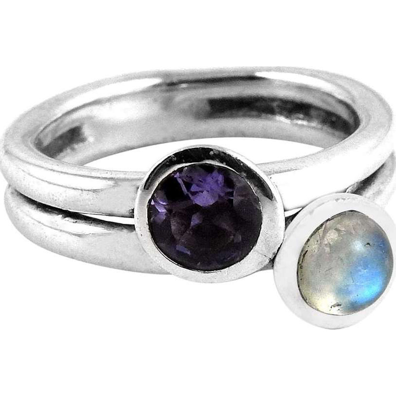 Nice Looking Rainbow Moonstone, Iolite 925 Sterling Silver Ring