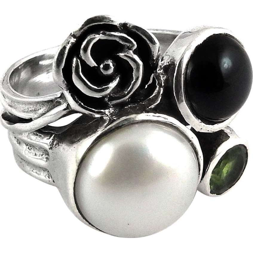 Personable Pearl, Black Onyx, Peridot 925 Sterling Silver Ring