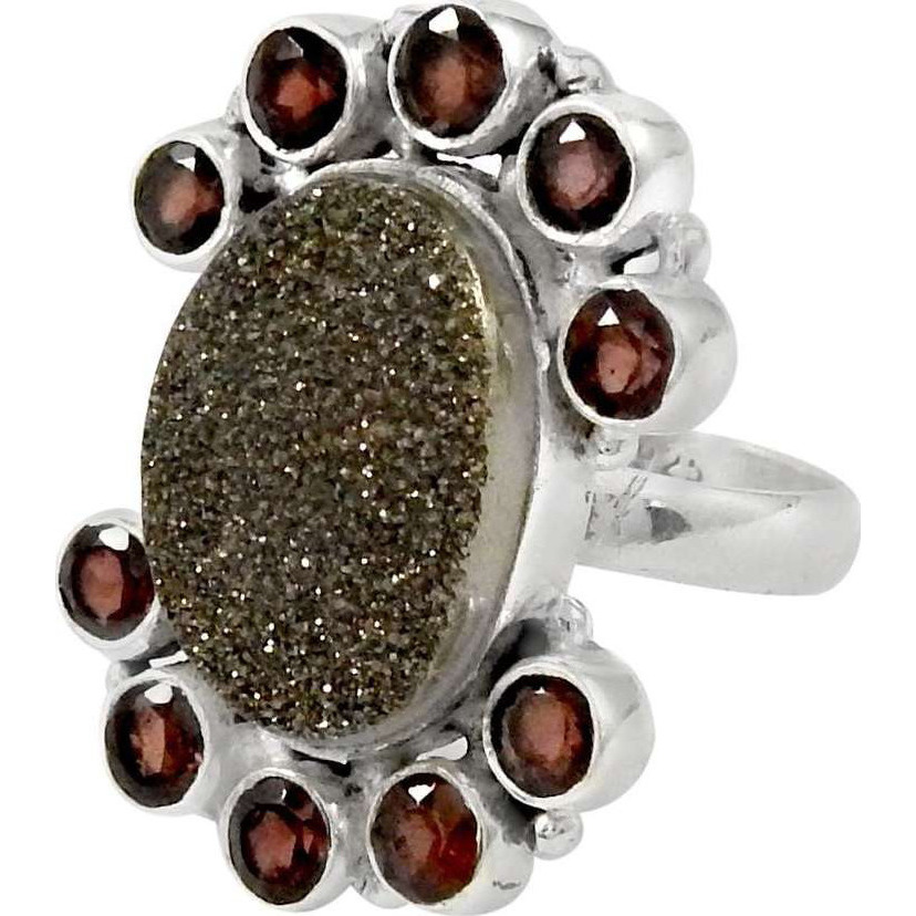 Large !! 925 Sterling Silver Drusy & Garnet Ring