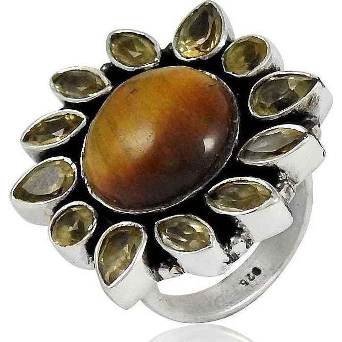 Maya Freedom !! 925 Sterling Silver Tiger Eye, Citrine Ring