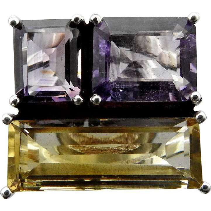 Antique Look!! 925 Sterling Silver Amethyst, Citrine Ring