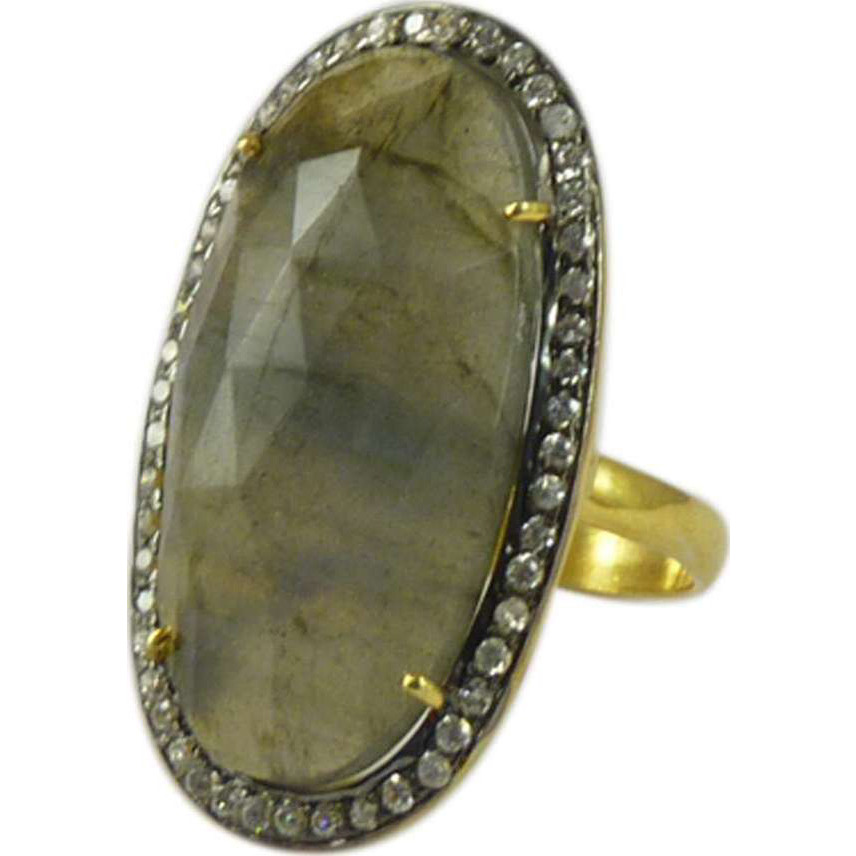 Modern Style 925 Silver Labradorite,White CZ Ring