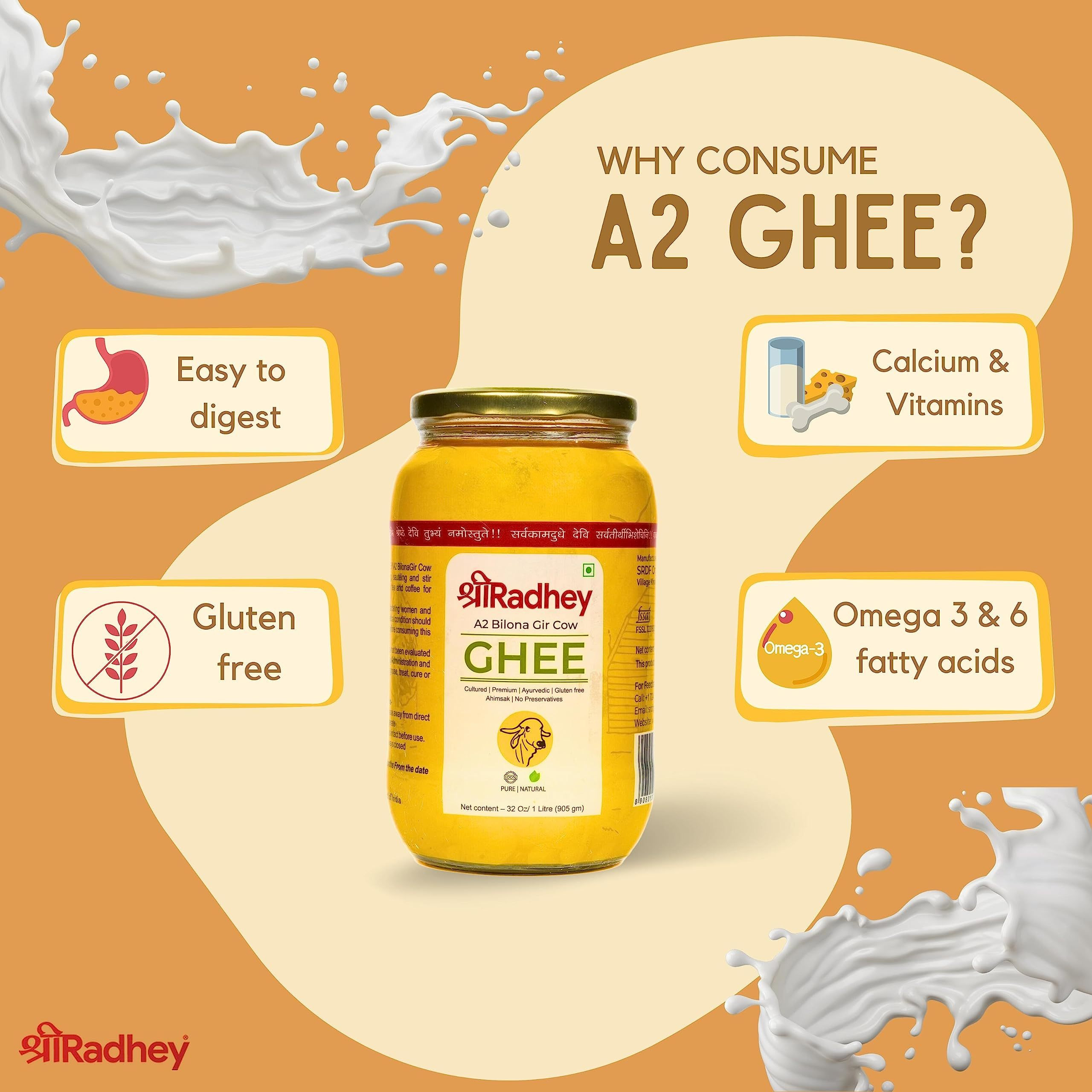 Shree Radhey Certified A2 Gir Cow Ghee - (Traditionaly Churned) Keto Friendly (1000ml)