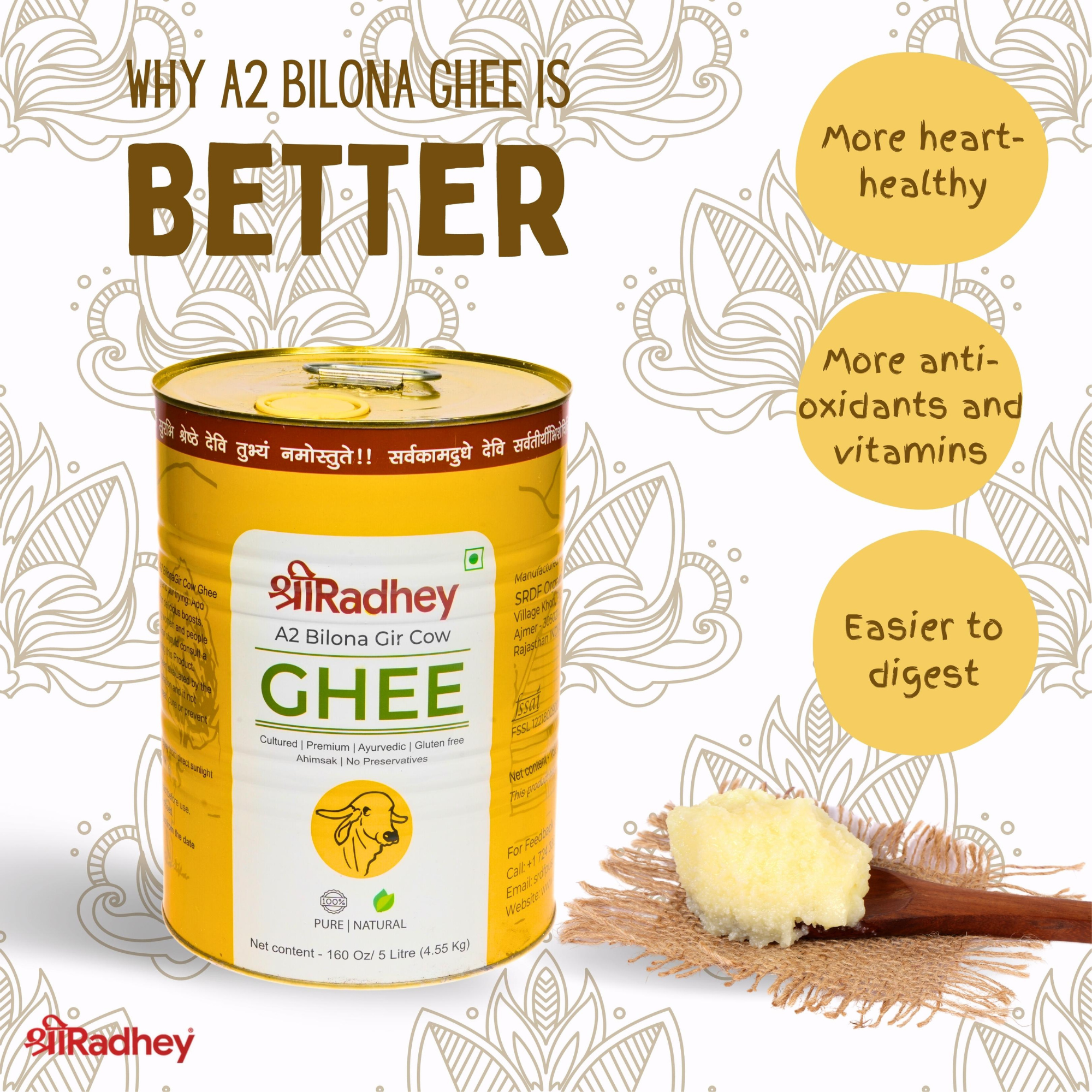 Shree Radhey A2 Gir Cow ghee -5000 ml (5 Litres)