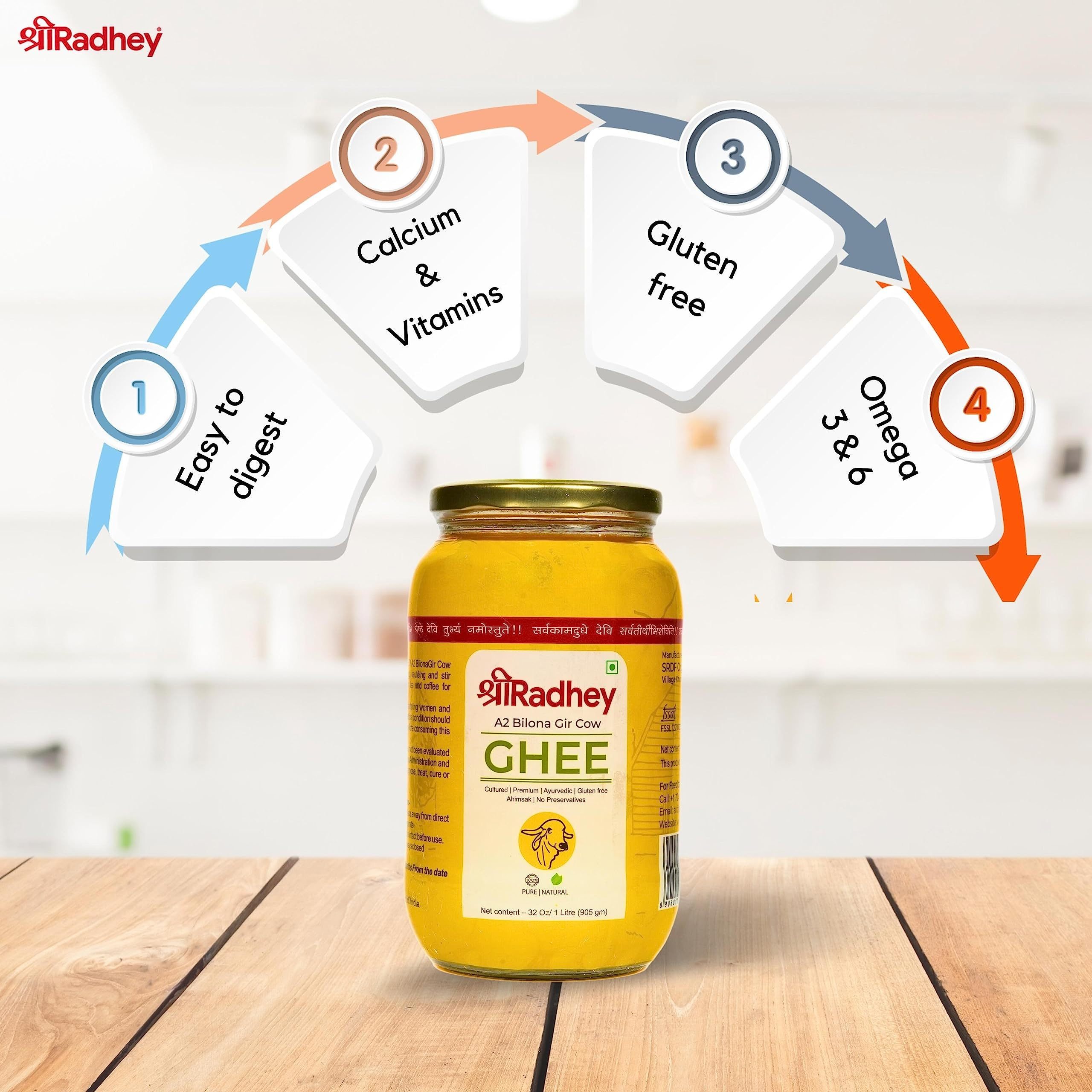 Shree Radhey Certified A2 Gir Cow Ghee - (Traditionaly Churned) Keto Friendly (1000ml)