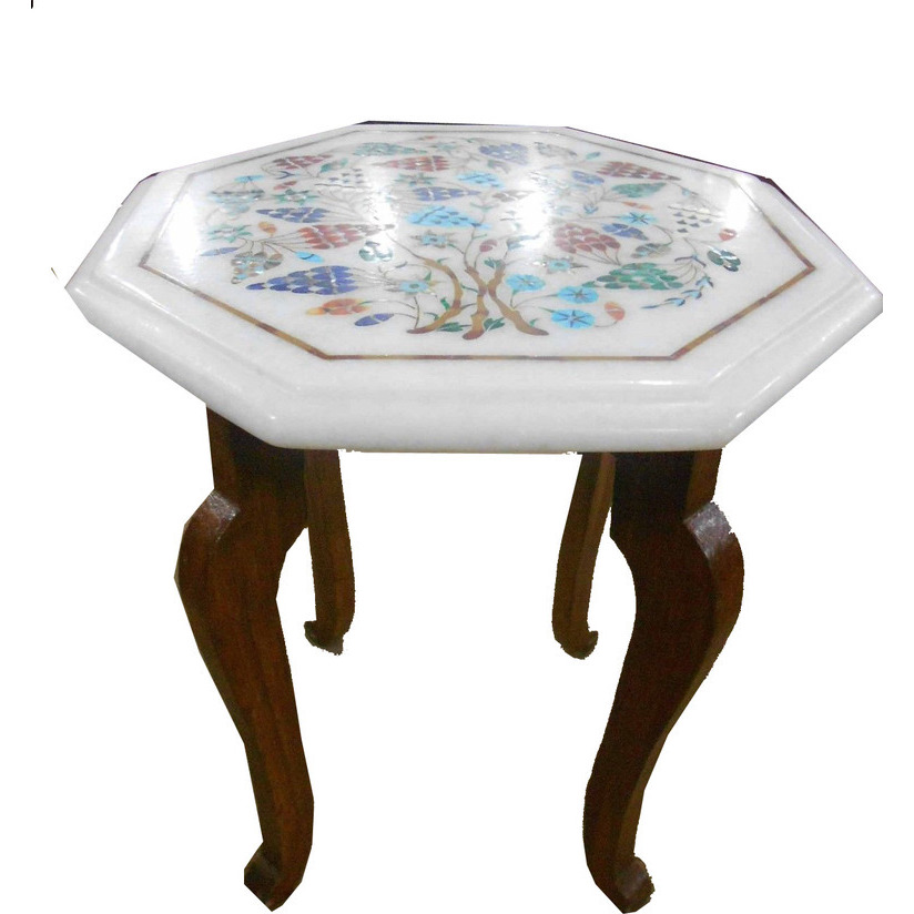 White Marble Table Top  with H 18 inch wooden Stand