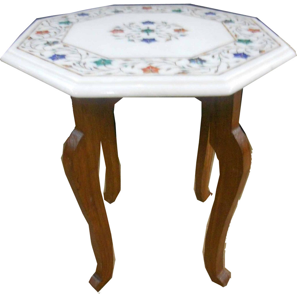 White Marble Table Top  with H 18 inch wooden Stand