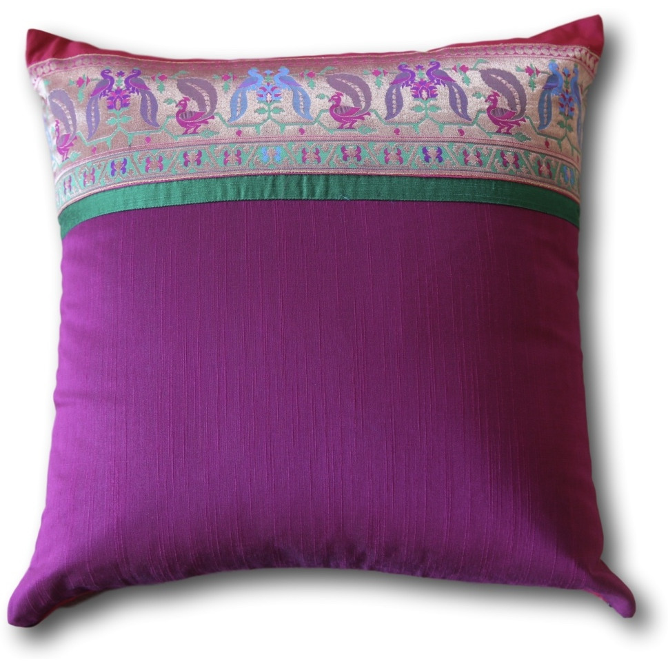 Silk Brocade Border Pillow Cover - 18  x18     -