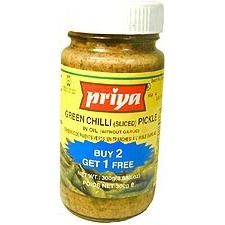 Priya Green Chili (Sliced) Pickle without Garlic (300 gm bottle)