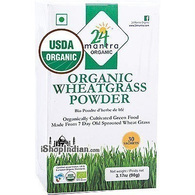 24 Mantra Organic Wheat Grass Powder - 30 Sachets (3.17 oz box)