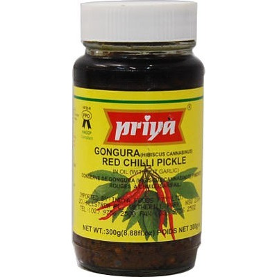 Priya Gongura Red Chili Pickle without Garlic (300 gm bottle)