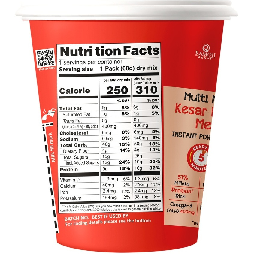 Priya Sabala Multi Millet Kesar Badam Meal Instant Cup (Instant Meal Cups - Just Add Hot Water)