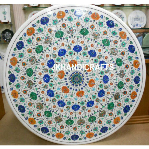 48   White Round Marble Dining Table Top Semi Precious Mosaic Inlay Hallway Decor