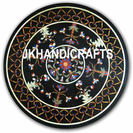 Black 24   Marble Round Coffee Table Top Gemstones Inlay Art Living Room Decor