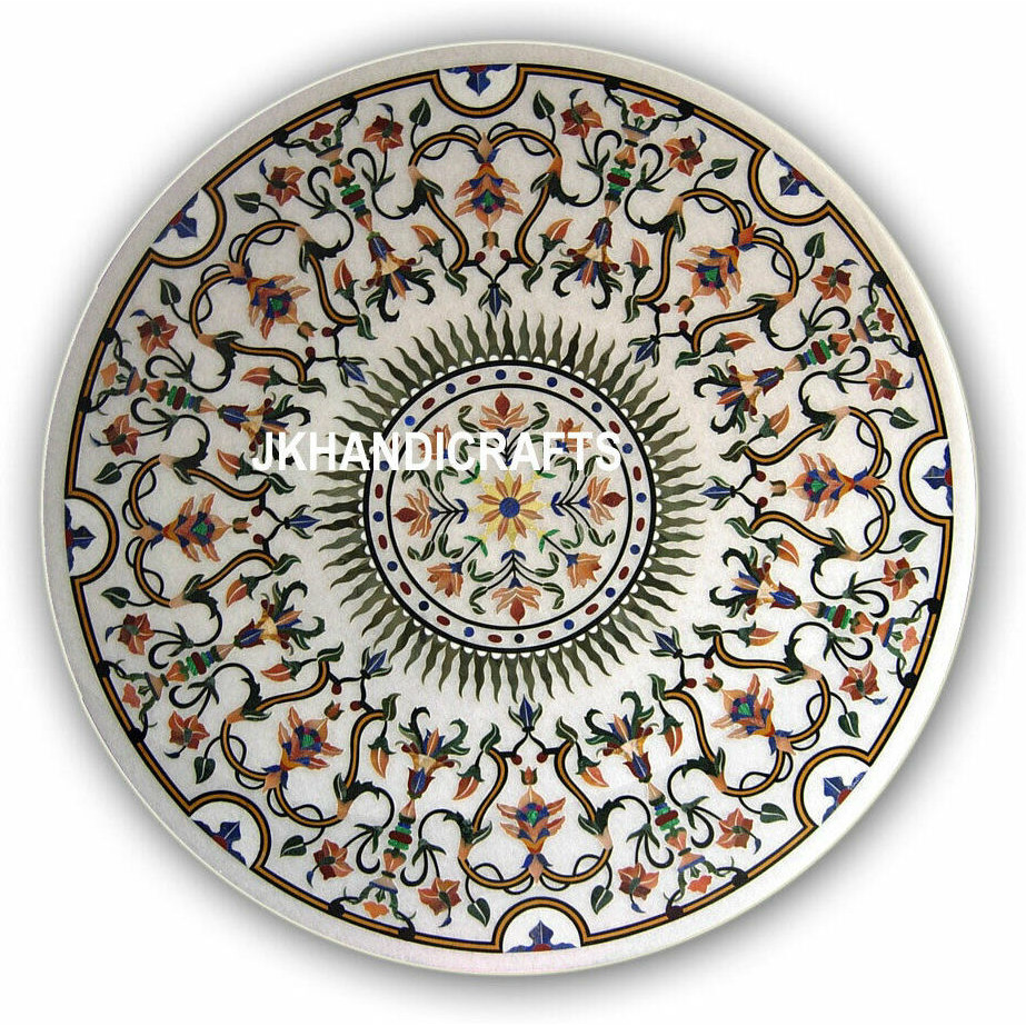 36   White Round Marble Dining Table Top Semi Precious Mosaic Inlay Hallway Decor