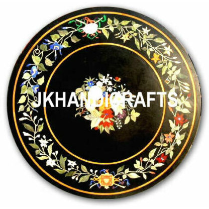 36   Black Round Marble Dining Table Top Semi Precious Mosaic Inlay Patio Decor