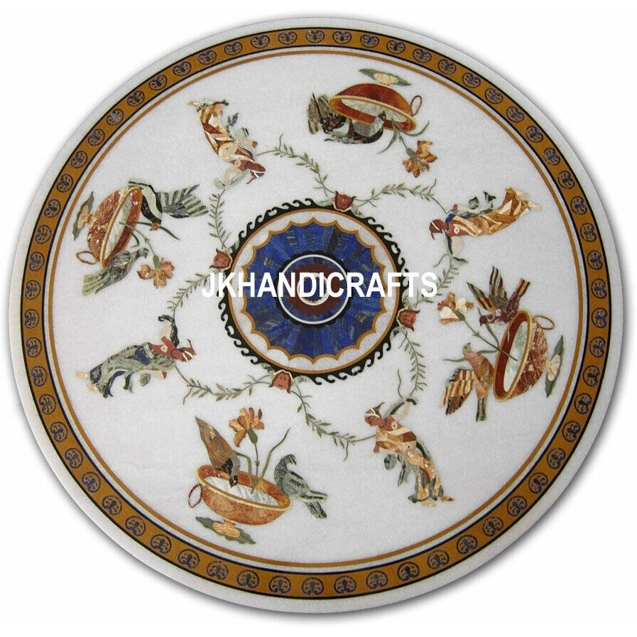 36   White Round Marble Dining Table Top Semi Precious Mosaic Inlay Hallway Decor