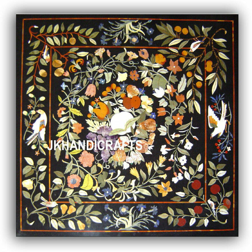 24   Black Marble Coffee Table Top Semi Precious Floral Marquetry Patio Decor