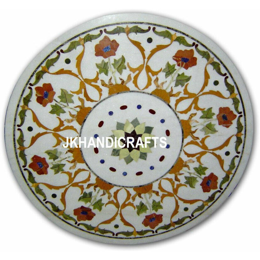 24   White Round Marble Coffee End Table Top Haklik Mosaic Inlay Hallway Decor