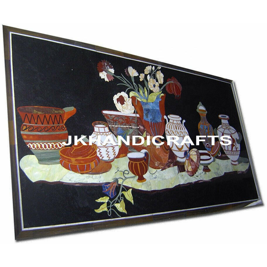 48  x24   Black Marble Dining Table Custom Design Marquetry Inlay Home Decor Gifts
