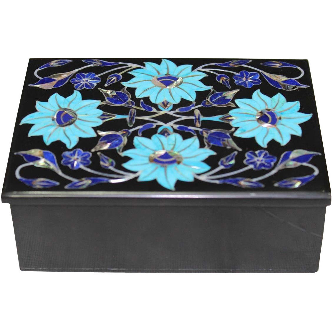 7   x 5   Black Marble Jewelry Box Turquoise Floral Marquetry Inlaid Art Gift