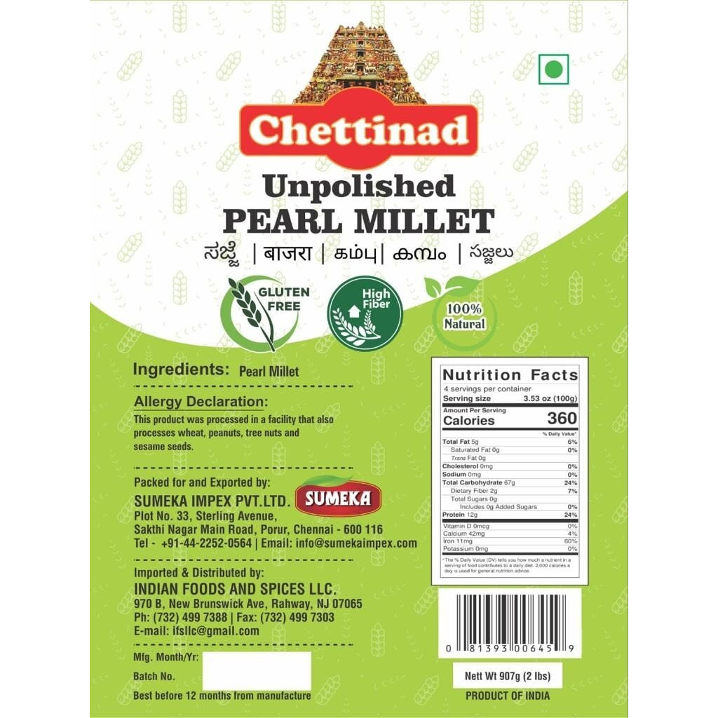 Chettinad Pearled Unpolished Pearl Millet - 2 Lb (907 Gm)