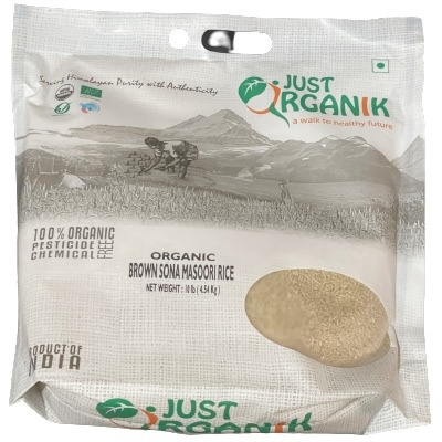 Just Organik Organic Brown Sona Masoori Rice - 10 lb (4.54 Kg)