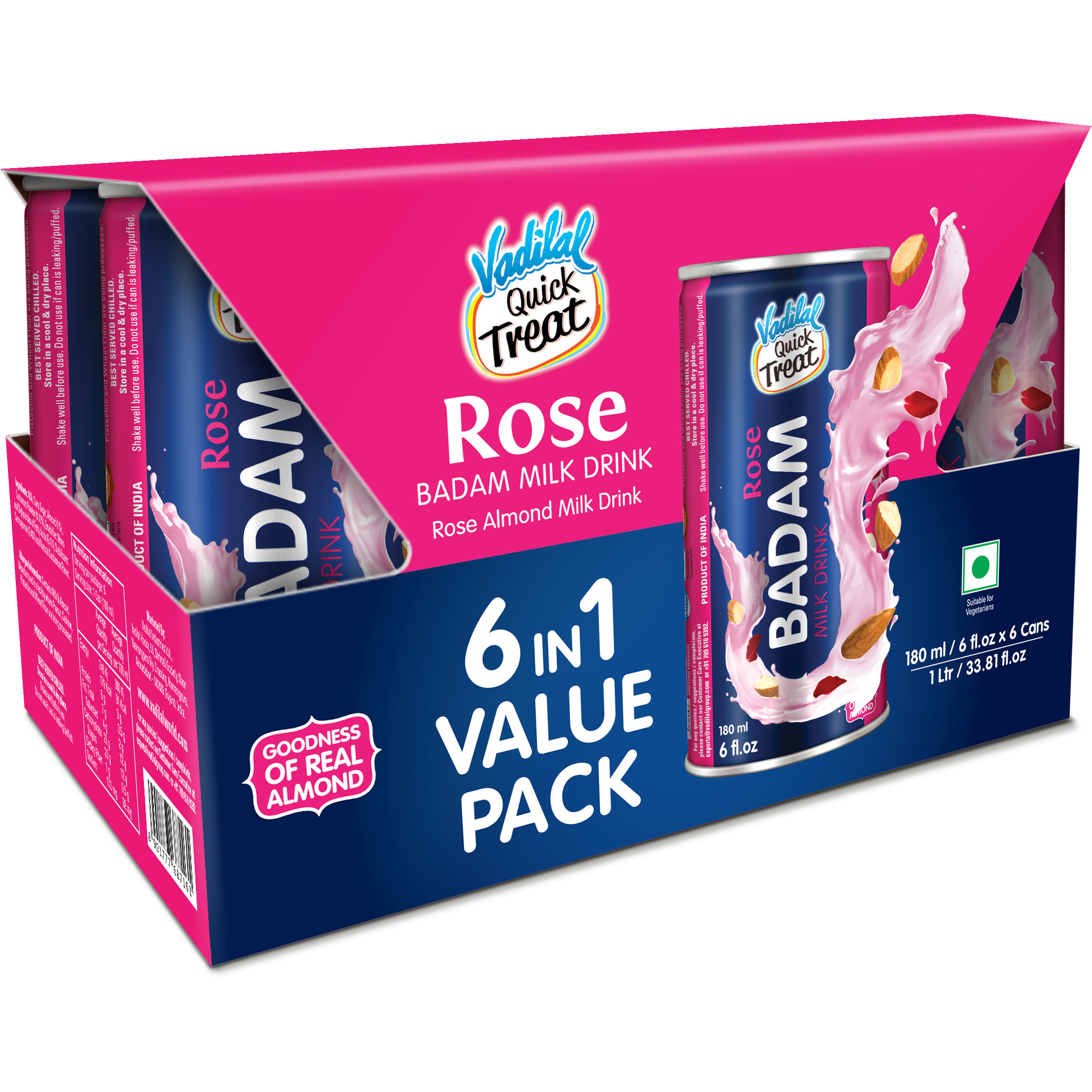 Case of 6 - Vadilal Rose Badam Milk Drink 6 In 1 Value Pack - 180 Ml (6 Fl Oz)