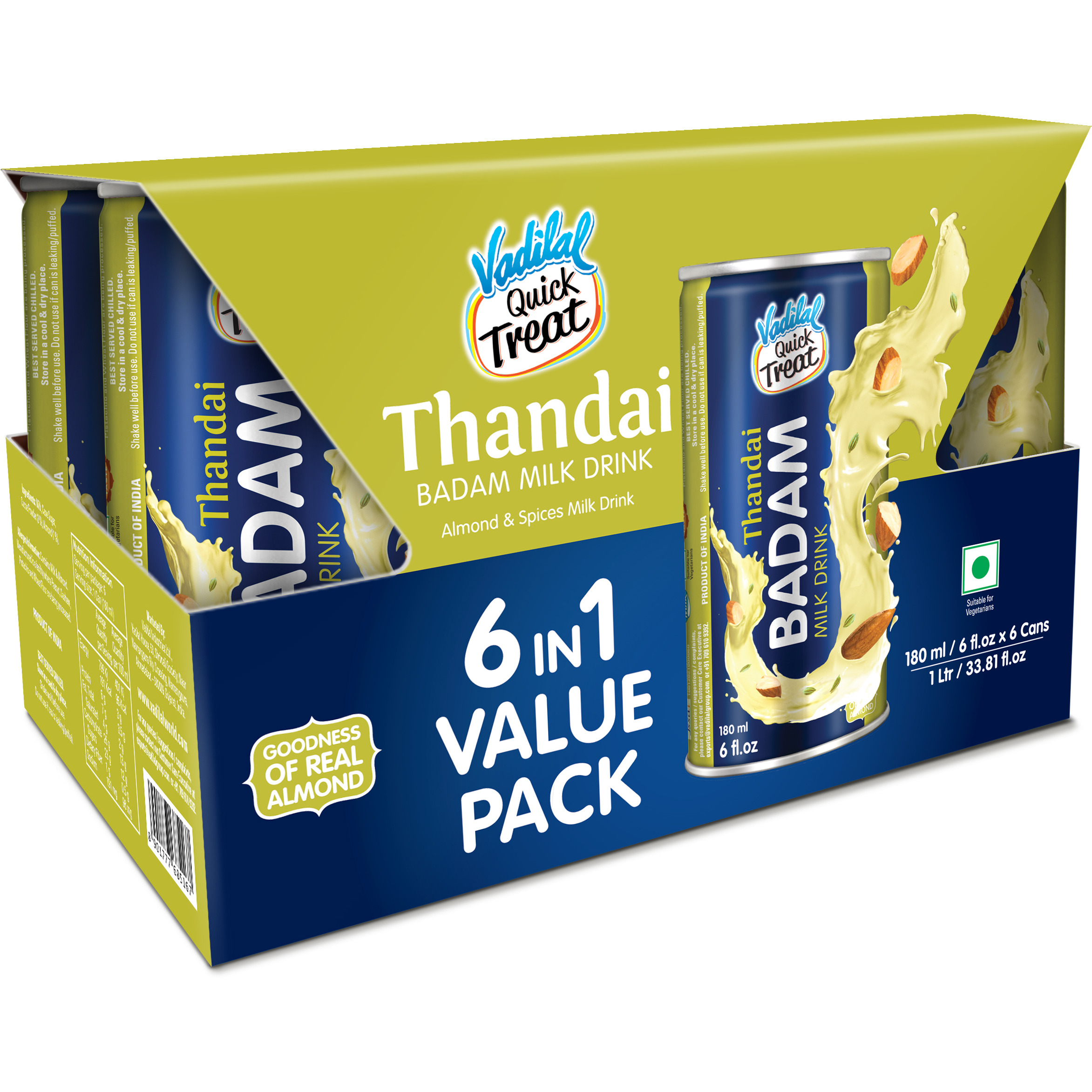 Case of 6 - Vadilal Thandai Badam Milk Drink 6 In 1 Value Pack - 180 Ml (6 Fl Oz)