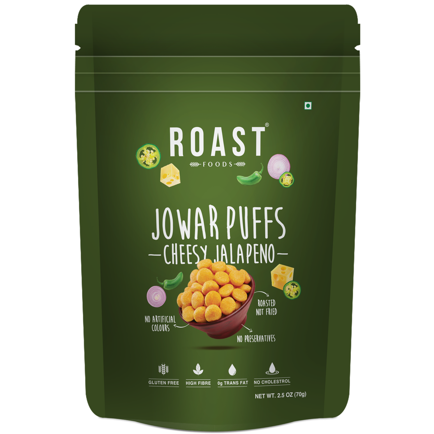 Roast Foods Sorghum Jowar Puffs Cheesy Jalapeno - 70 Gm (2.46 Oz)