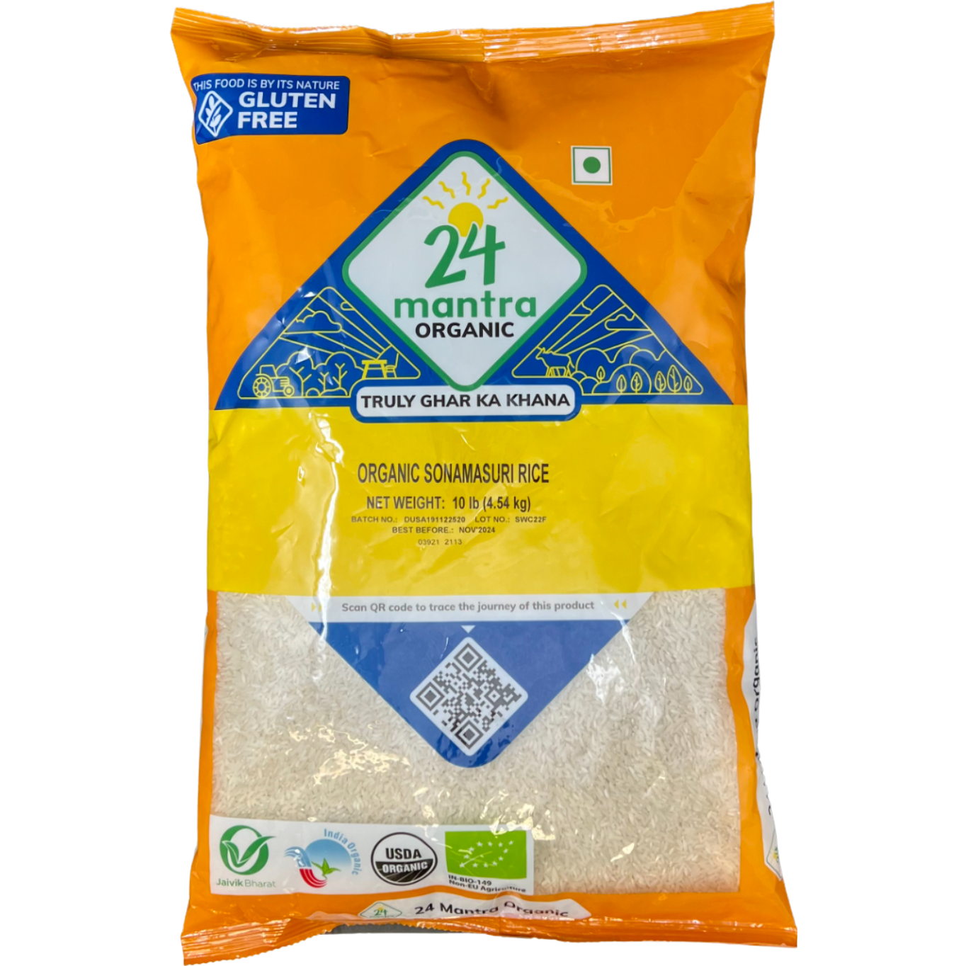Case of 4 - 24 Mantra Organic Sonamasuri Rice - 10 Lb (4.5 Kg)