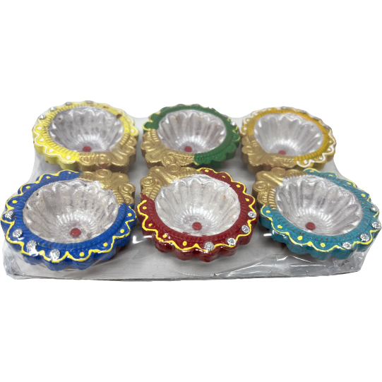 Decorated Flower Shaped Diya Small - 6 Pc
