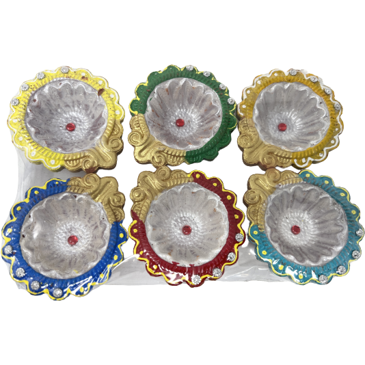 Decorated Flower Shaped Diya Small - 6 Pc