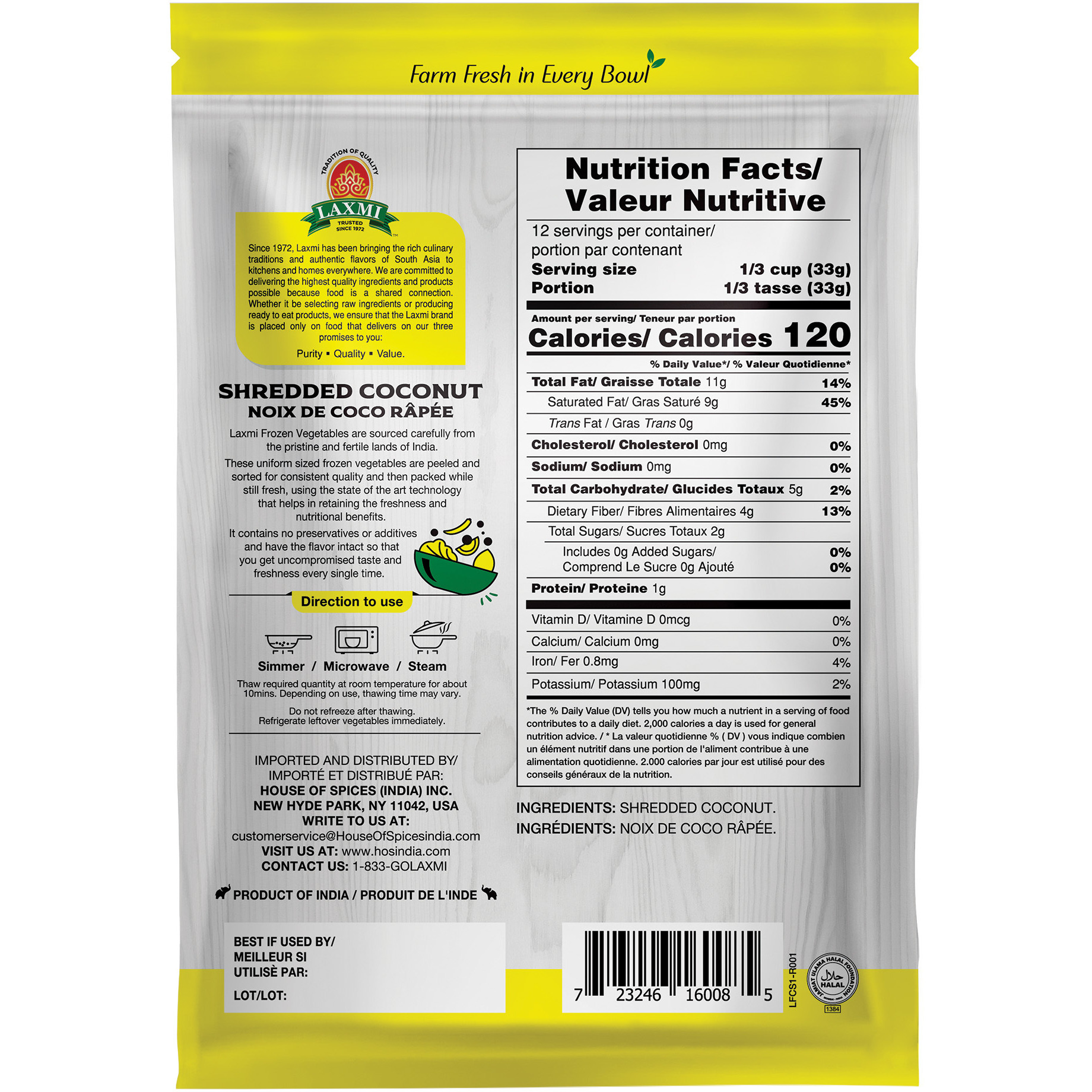 Laxmi Frozen Shredded Coconut - 400 Gm (14 Oz)