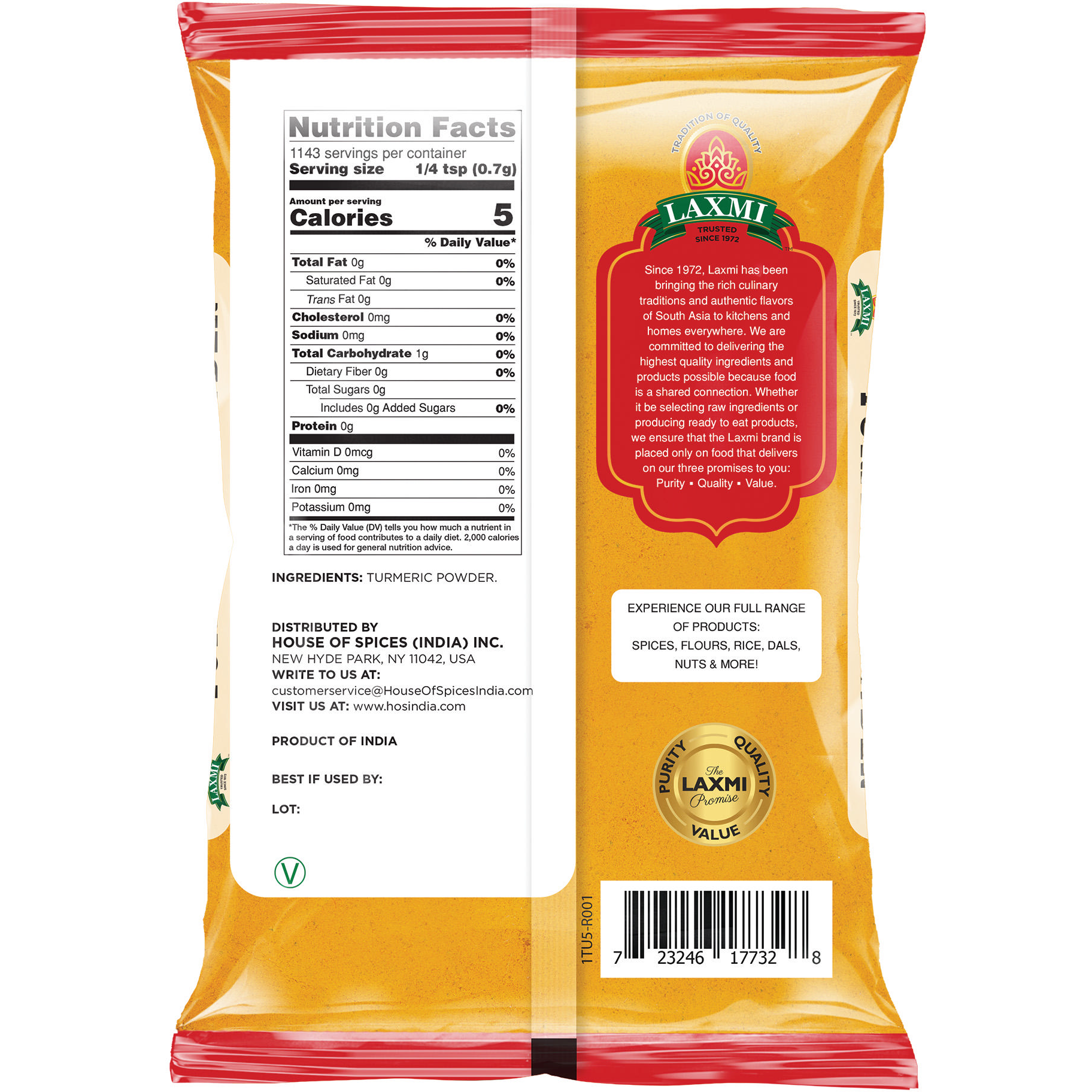 Laxmi Turmeric Powder - 800 Gm (1.76 Lb)