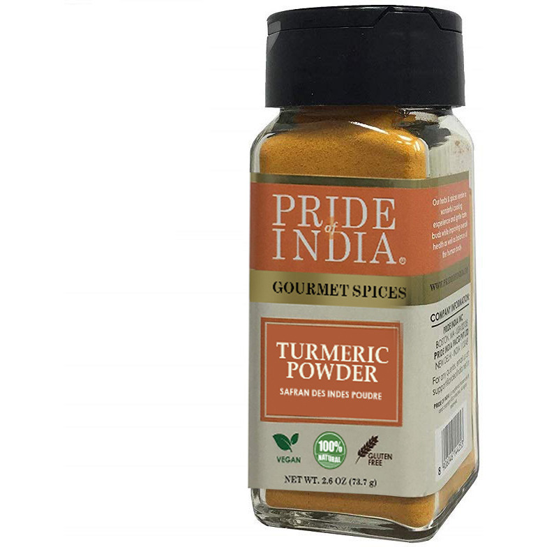 Pride of India  Natural Turmeric Ground  Traditional Indian Spice  Pantry Essential  Curcumin Rich and Gourmet  Ideal for Curries/Lentil/Meat/Pilaf  Easy to Use  2.6 oz. Small Dual Sifter Jar
