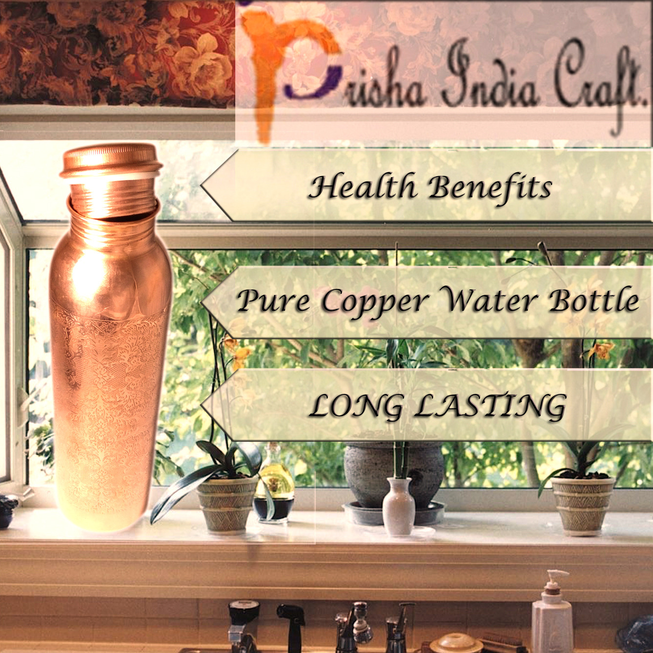 Prisha India Craft Copper Bottle with New Designed, Travel Essential, Drinkware, Pure Copper Water Bottle 900 ML, Copper