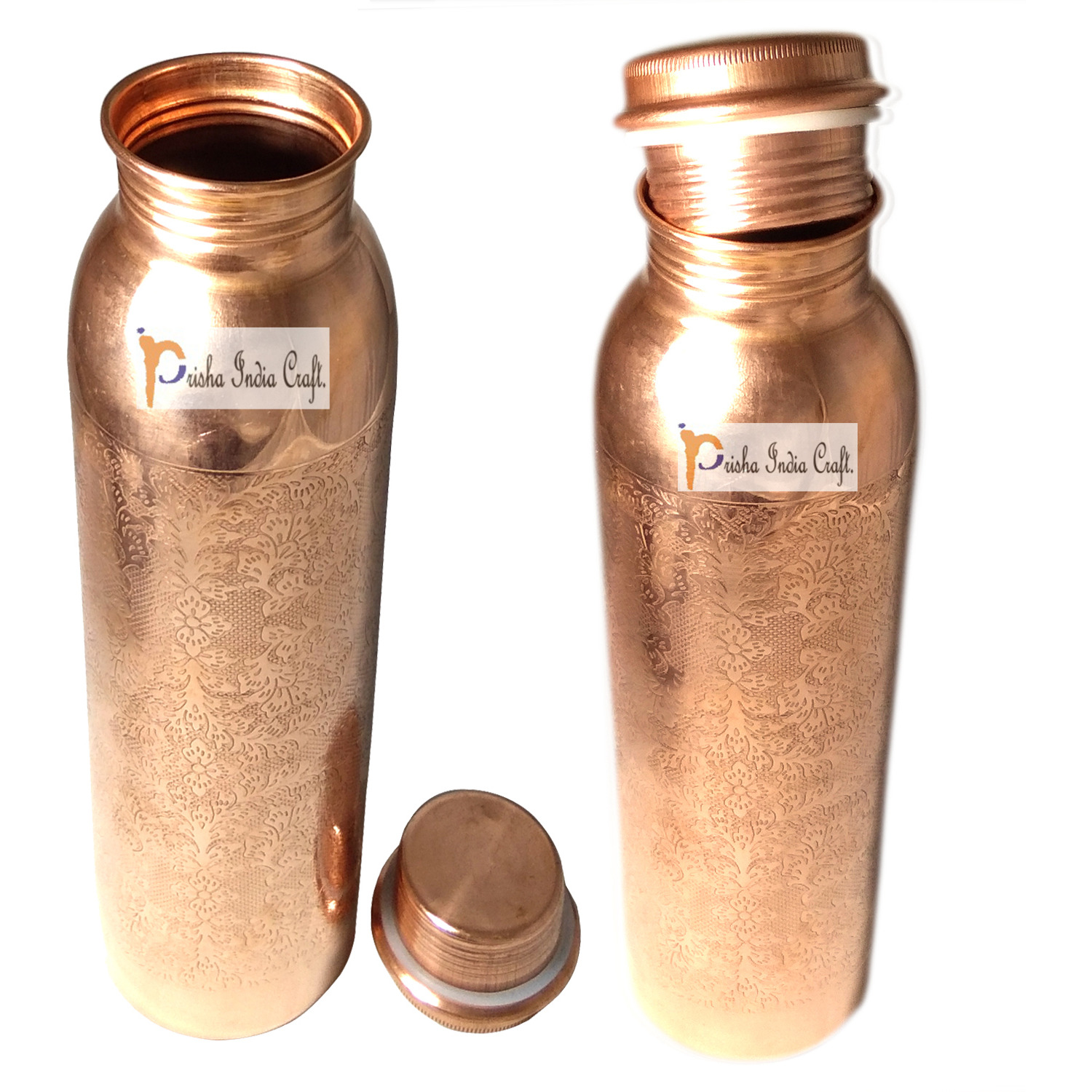 Prisha India Craft Copper Bottle with New Designed, Travel Essential, Drinkware, Pure Copper Water Bottle 900 ML | Set of 2
