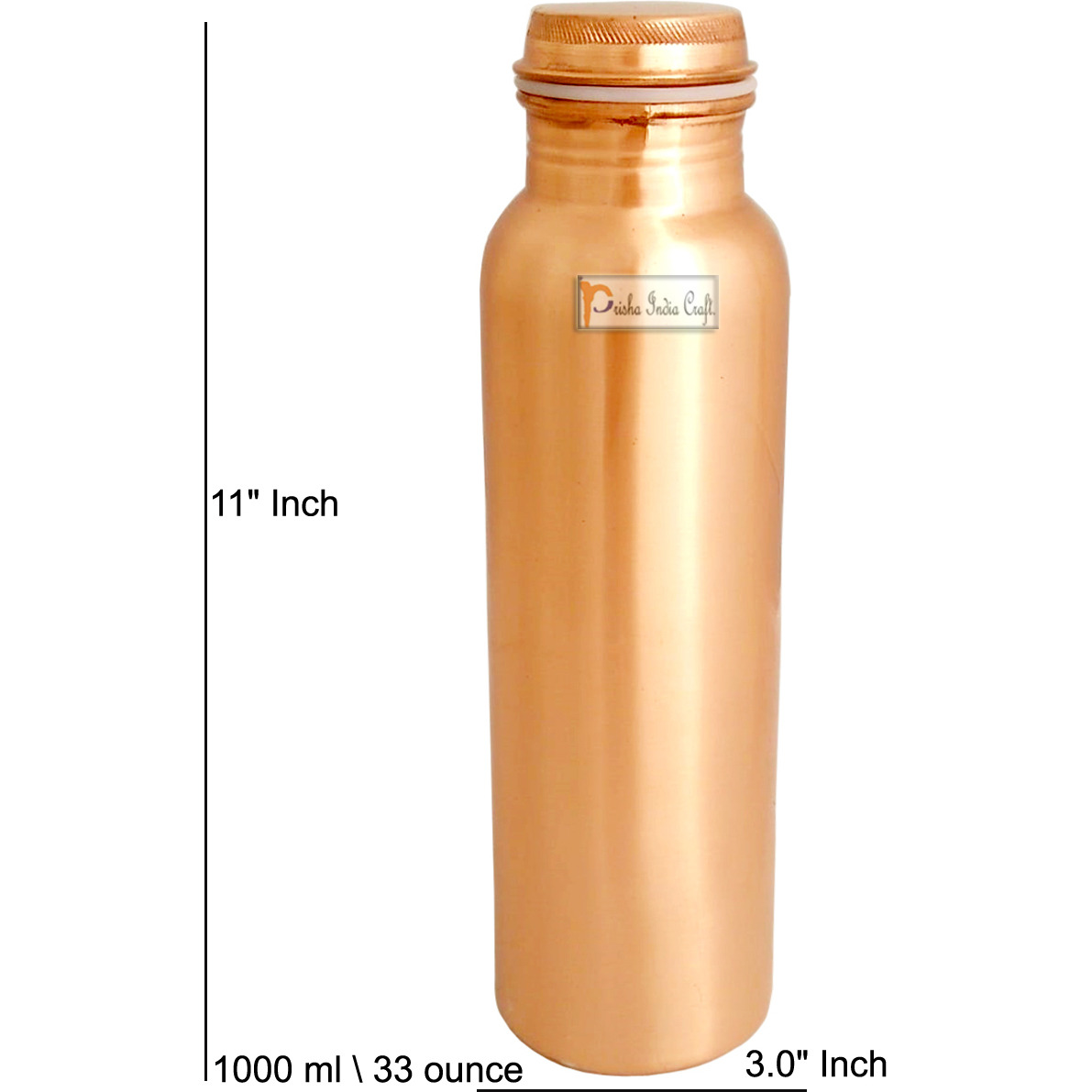 Prisha India Craft Matt Finish Lacqour Coated Anti Tarnished Joint Free New Designed Copper Bottle, Travel Essential, Drinkware, 1000 ML  33 OUNCE