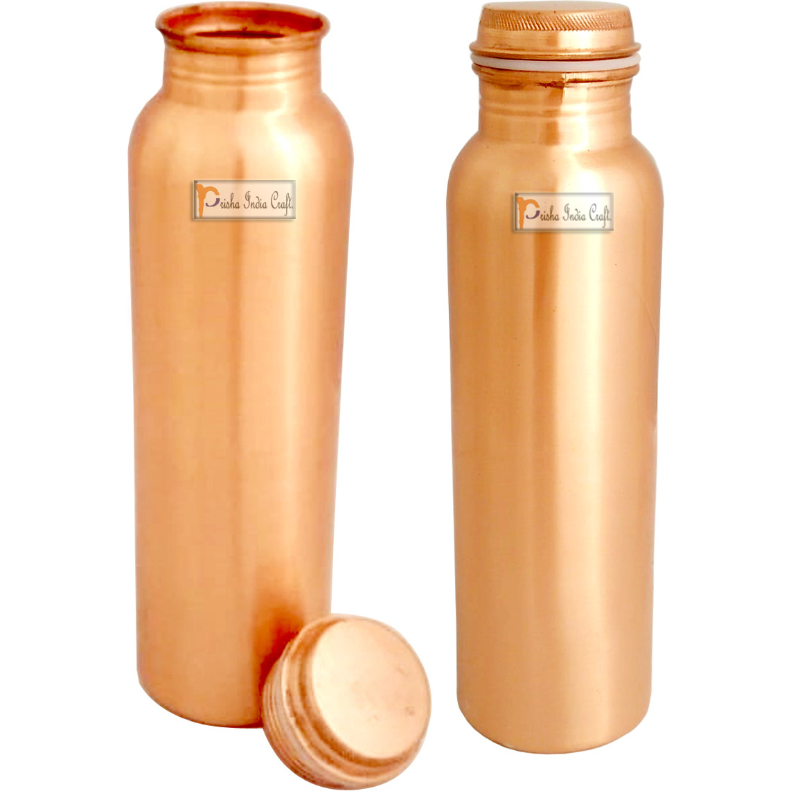 Prisha India Craft Matt Finish Lacqour Coated Anti Tarnished Joint Free New Designed Copper Bottle, Travel Essential, Drinkware, 1000 ML  33 OUNCE | Set of 2