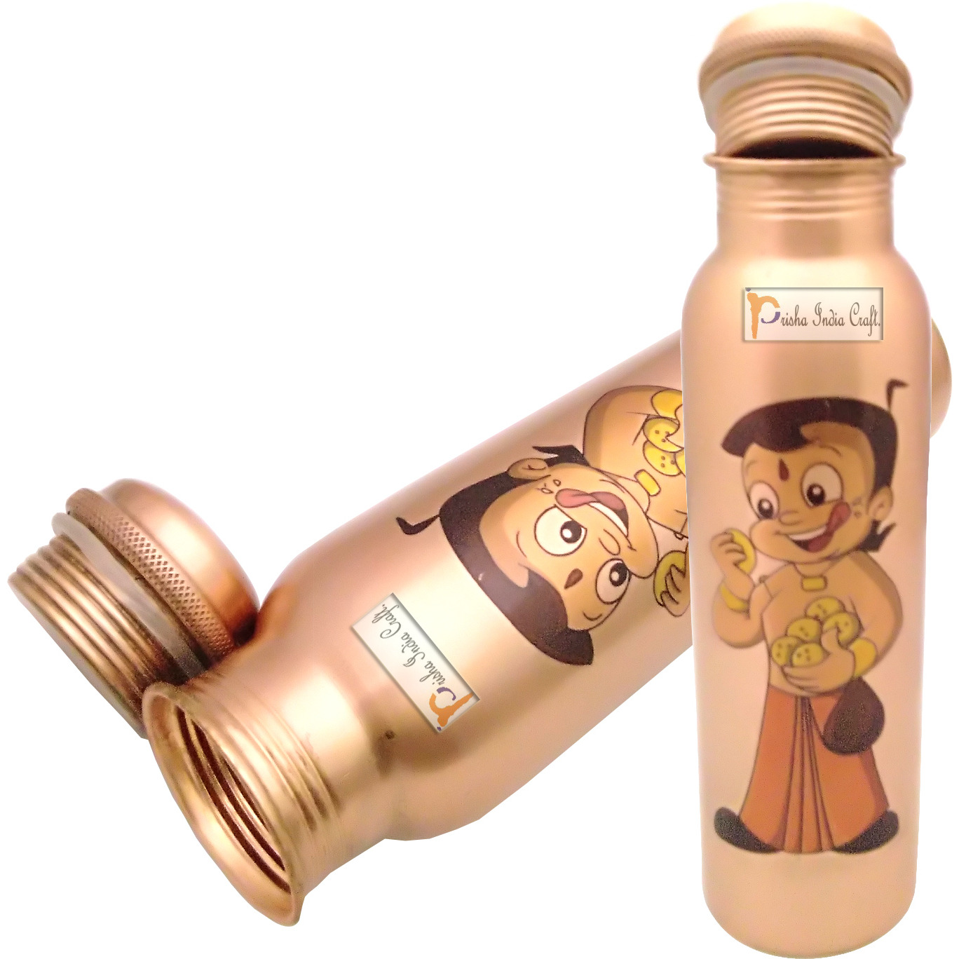 Prisha India Craft Digital Printed Pure Copper Water Bottle Kids School Water Bottle - Chhota Bheem Design, 1000 ML |Set of 2