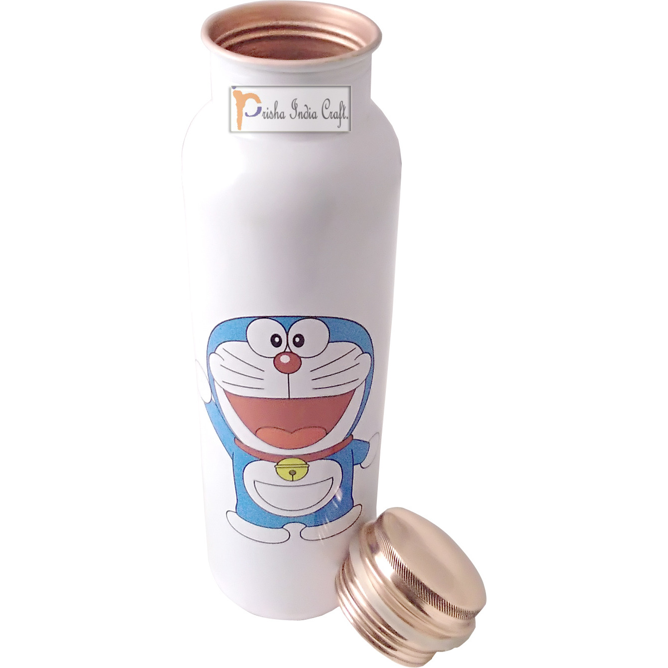 Prisha India Craft Digital Printed Pure Copper Water Bottle Kids School Water Bottle - Doremon Design, 1000 ML