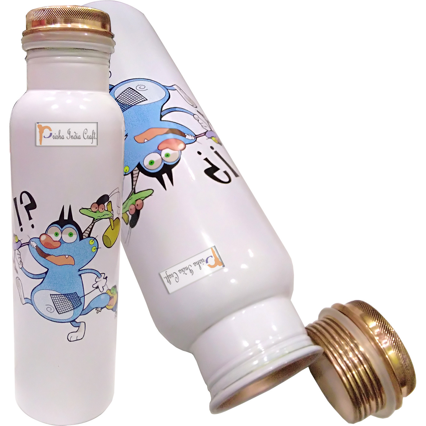 Prisha India Craft Digital Printed Pure Copper Water Bottle Kids School Water Bottle - Oggy Design, 1000 ML |Set of 2